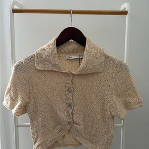 Zara Cream Textured Short-Sleeve Button Cardigan